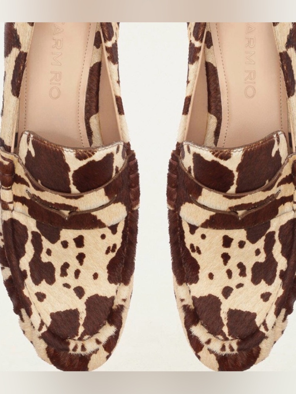 FARM Rio Monstera Heel Cow-Print Penny Loafers in Brown & Cream, NIB, Various - Picture 15 of 16